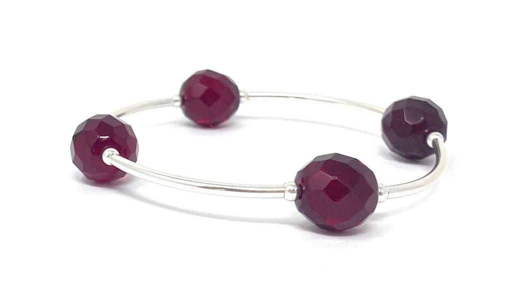 Blessings birthstone bracelet with faceted Czech garnet 12 mm glass beads and sterling silver.
