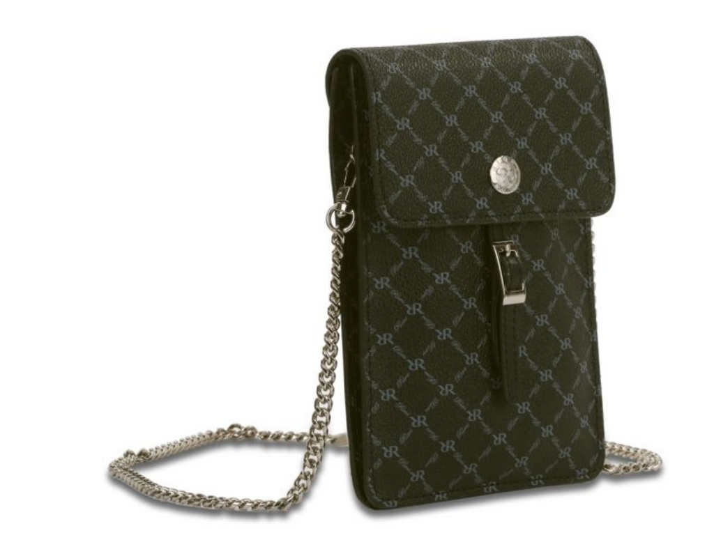 Rioni Signature SmartPhone Crossbody Purse FIONDA Black with silver chain and RR monogram.