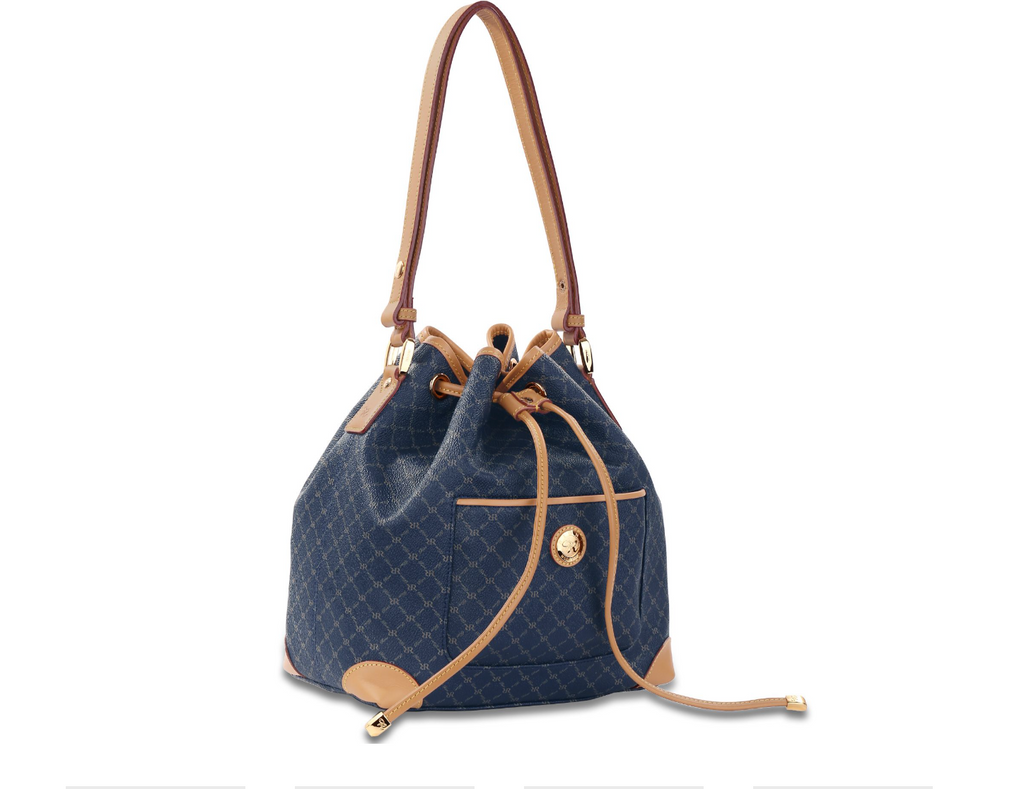 Rioni Signature Navy Alissa Bucket Drawstring Handbag with genuine leather trim.