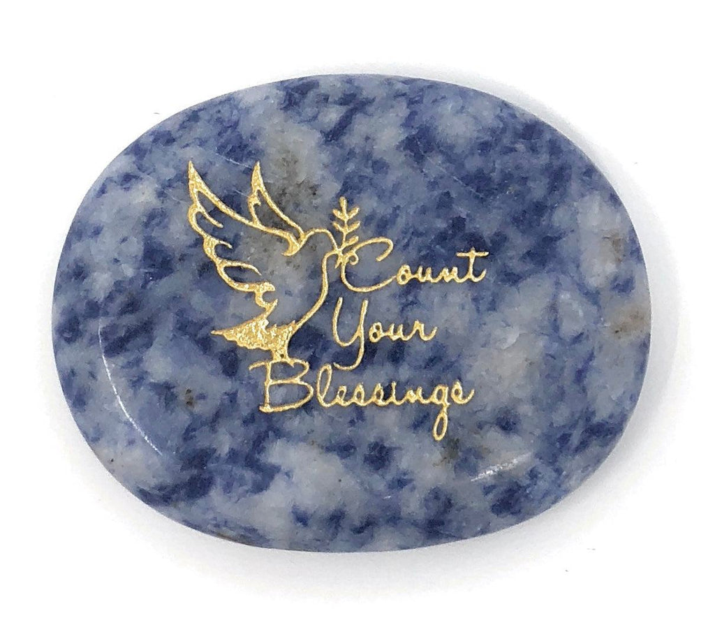 Blue Quartz healing worry stone engraved with "Count Your Blessings" in gold.