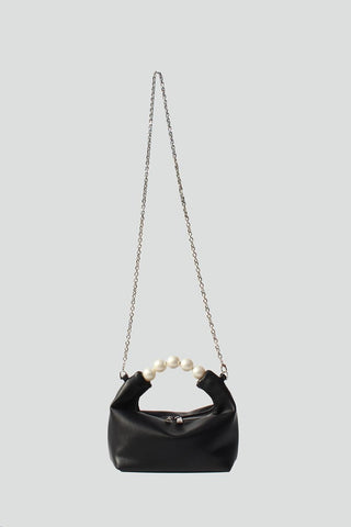 Womens Pearl & Black Clutch Mini Evening Bag with chain strap and zipper closure.