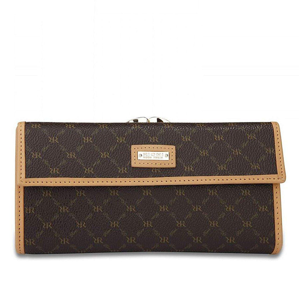 Rioni Signature Brown Continental Wallet STW012 with RR monogram, button closure, leather interior, and gold emblem.
