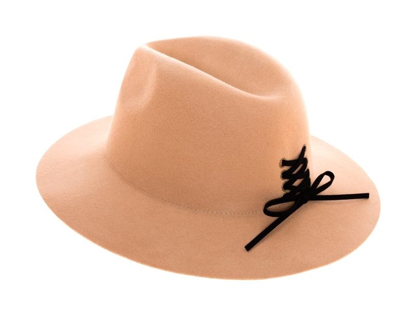 Wool Panama Hat with lace-up tie accent and adjustable inner drawstring.