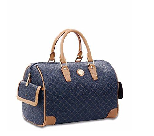 Rioni Signature BOSTON Bag NAVY STA20015 with navy monogram print and tan leather trim