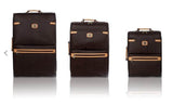Rioni Signature Designer Spinner Luggage ST20121 in three sizes with brown monogram design and leather handles.