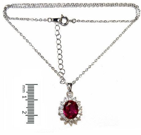 Cubic Zirconia & Ruby Pendant with chain and gift box, featuring a simulated ruby stone surrounded by cubic zirconia diamonds.