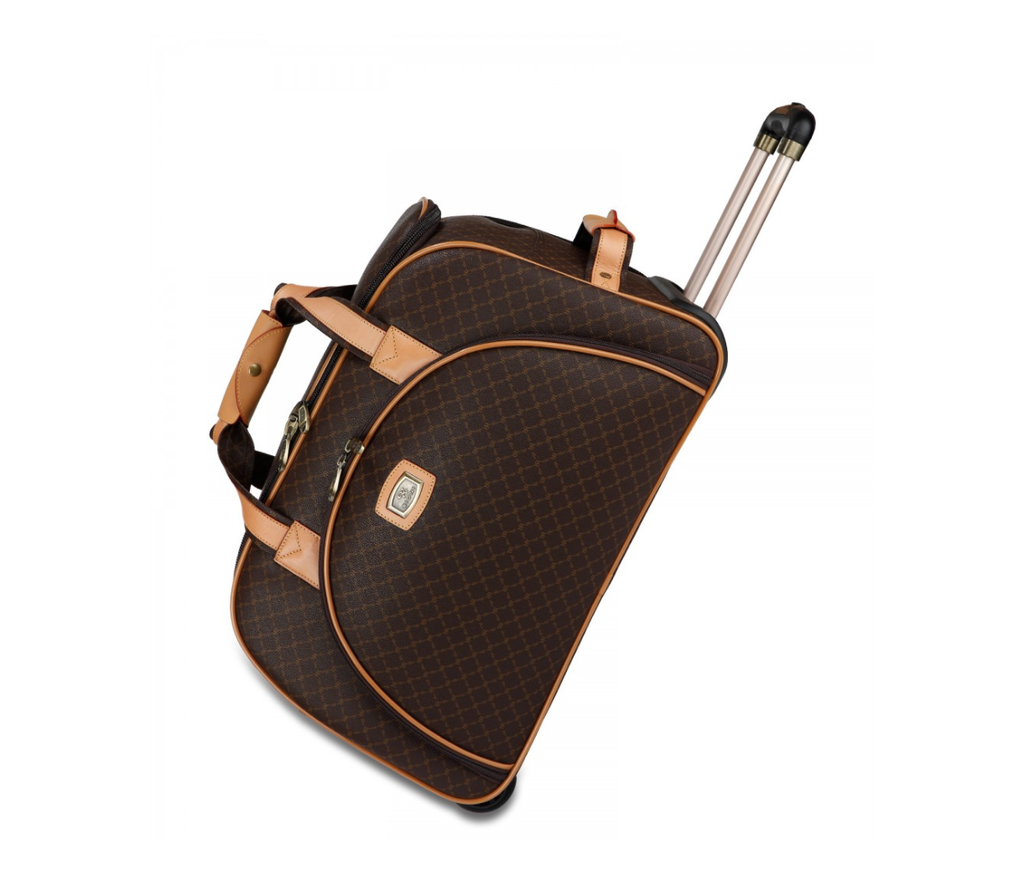 Rioni Signature Brown VENICE Large Duffel Roller with leather accents and inline skate wheels.