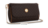 Rioni Signature ELLE Crossbody Clutch ST20273 with gold monogram, chain strap, and leather trim.