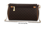 Rioni Signature ELLE Crossbody Clutch ST20273 with gold monogram print, chain strap, leather trim, and magnetic closure.