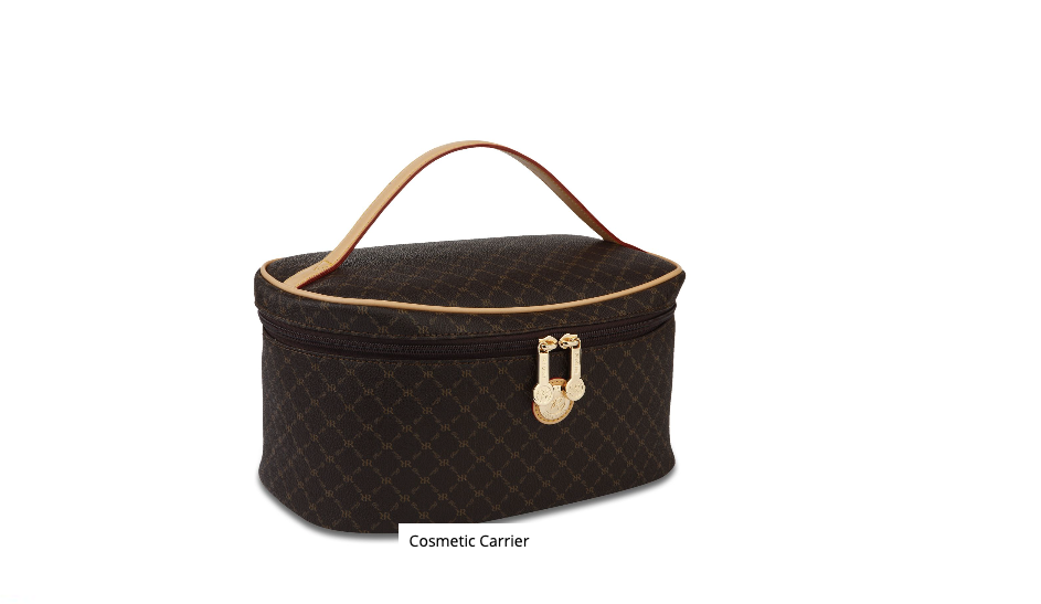 Luxury RIoni Signature Cosmetic Case ST20113 with monogram print, leather handle, and embossed gold logo, perfect for travel.