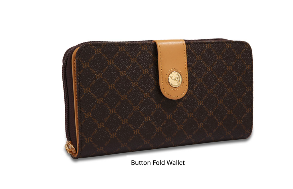 Rioni Signature Button-Zip Wallet STW006 with monogram print and gold emblem.