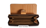 Rioni Signature Button-Zip Wallet STW006 in brown with gold monogram and multiple compartments.