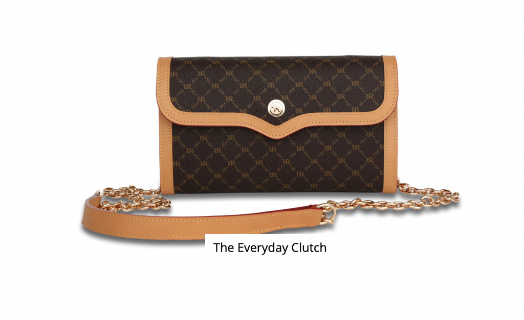 Rioni Signature Everyday Clutch Parker STW073 with gold monogram print and leather trim.