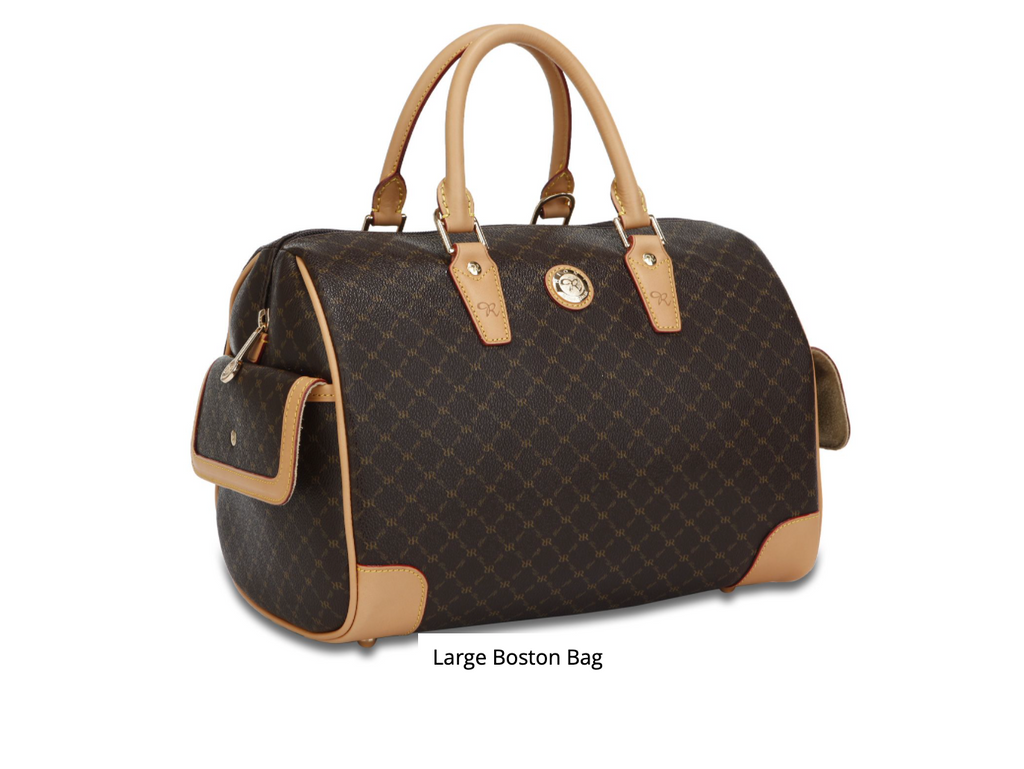 Rioni Signature Brown BOSTON Bag ST20015 with RR navy monogram print and leather accents.