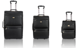 Rioni Signature Designer Spinner Luggage ST20121 in three sizes, featuring a black monogram design with durable handles and four-wheel 360-degree mobility.