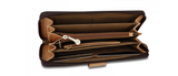 Rioni Signature Button-Zip Wallet STW006 with monogram print, brown canvas, gold emblem, multiple compartments, and card holders.