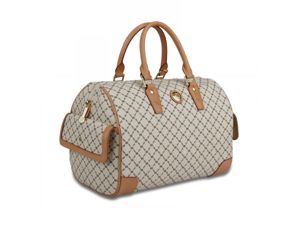 Rioni Signature Natural BOSTON 32 Bag STN20015 with RR Monogram Print and leather handles.