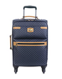 Rioni Signature Navy Spinner Luggage, Small STA20121S with gold monogram, leather handles, brass hardware, and 360-degree wheels.