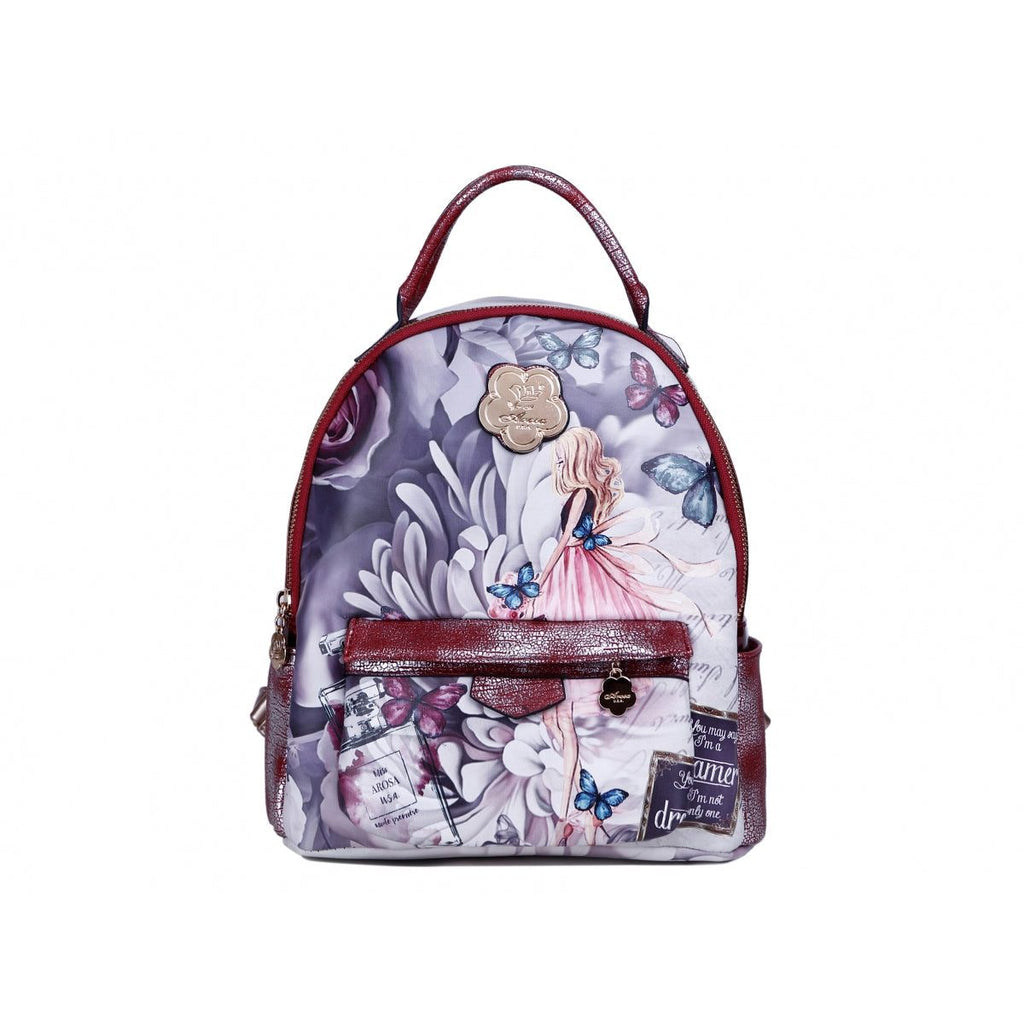 Burgundy cute fairy tales dreamer backpack by Brangio with adjustable straps and gold-tone hardware.