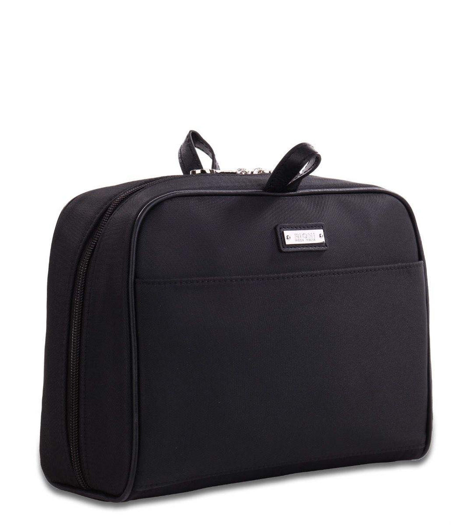 Rioni BAROM Collection Toiletry Bag BM20037, black microfiber with leather trim, durable travel accessory.