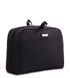 Rioni BAROM Collection Toiletry Bag BM20037, black microfiber with leather trim, durable travel accessory.