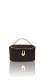 RIoni Signature Cosmetic Case ST20113 with dark gold monogram print, leather handle, and gold logo on brown canvas.