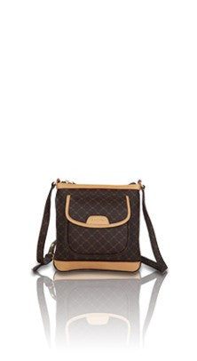Rioni Signature GALINA Mini Tourist Messenger Bag with dark gold monogram print, brown designer canvas, leather trimmings, and adjustable straps.
