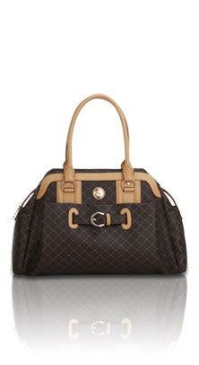 Rioni Signature KELLY Carrier ST20241 with cream leather trim and dark gold monogram on brown canvas.