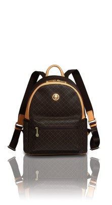 Rioni Signature Round Dome Backpack ST20286 with dark gold monogram print, leather trim, and gold hardware.