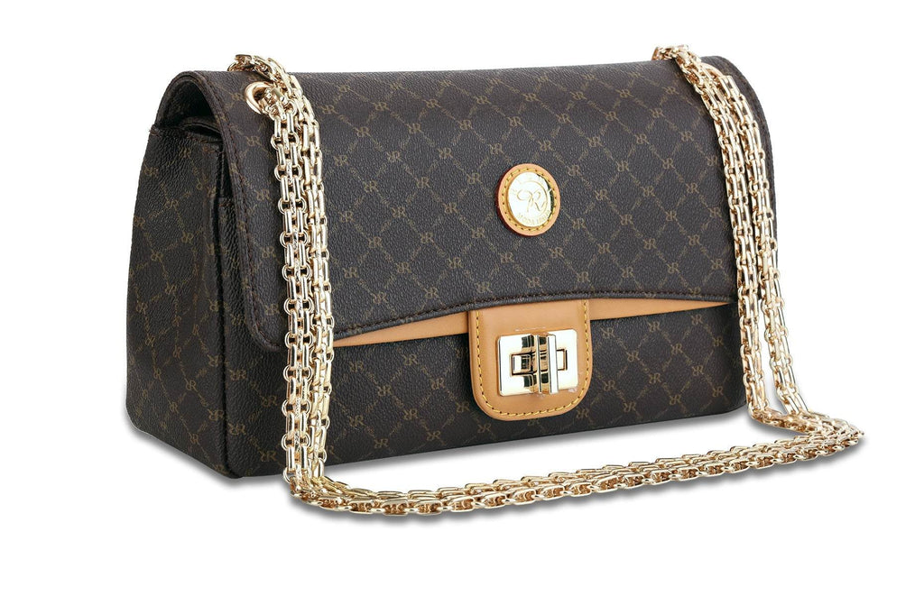 Rioni Signature Brown EMILY Shoulder Purse with gold hardware and chain, model ST20289.