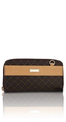 Rioni Signature Dual Zip Wallet Organizer in brown, embossed gold emblem, detachable strap, RR monogram print.