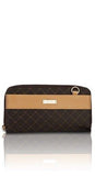 Rioni Signature Dual Zip Wallet Organizer in brown, embossed gold emblem, detachable strap, RR monogram print.
