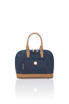 NAVY Rioni Signature LAUREN Handbag STA20001M with navy monogram print, tan leather trim, and gold emblem.