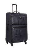 Rioni Signature Black Designer Spinner Luggage MANHATTAN with Silver Hardware, monogram print, and durable leather handles.