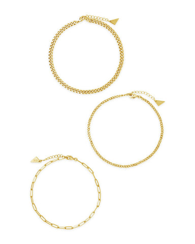 Three Row Chain Anklet set with gold and silver tones, featuring three different chain styles and lobster clasps