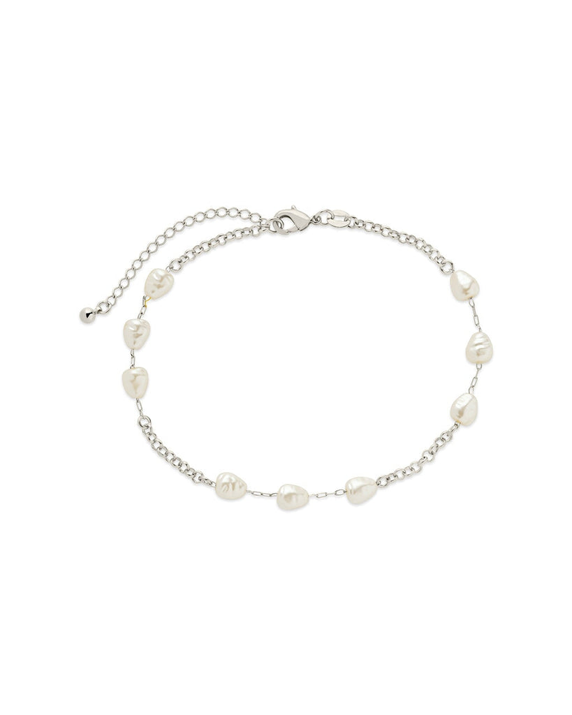 Allie Stationed Pearl Anklet with 14K gold chain and faux pearls, 9" length, lobster clasp