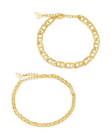 Set of 2 adjustable anchor chain bracelets in gold and silver tones with lobster clasps