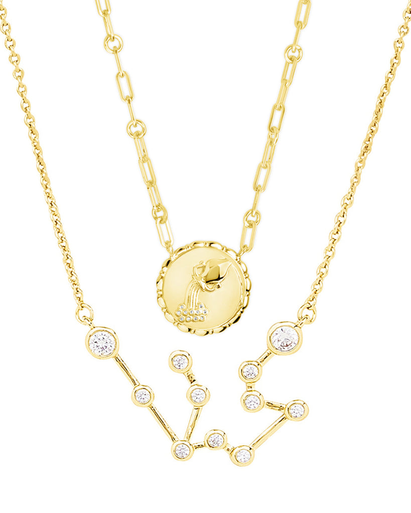 Set of constellation necklace and bold link zodiac pendant in 14K gold with cubic zirconia stones