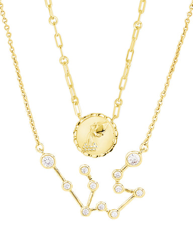 Set of constellation necklace and bold link zodiac pendant in 14K gold with cubic zirconia stones