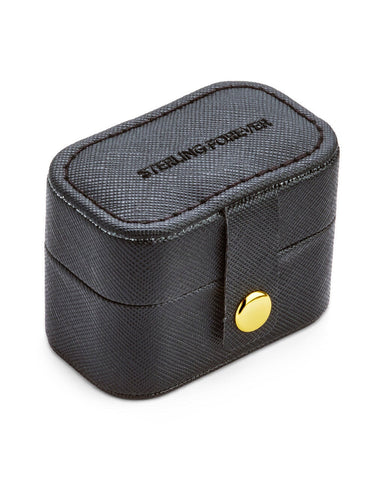 Travel Ring Case in black and rose faux leather with 4 ring slots and metal button closure