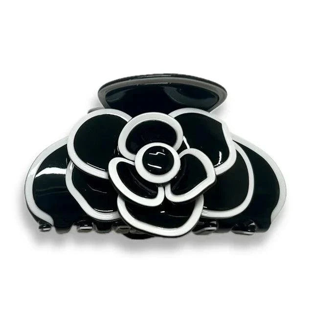 Medusa's Heirlooms large black and white camellia flower jaw clip hair accessory