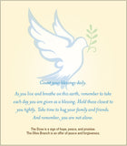 Blessings White Pearl Bracelet 12 MM with inspirational card and dove illustration.