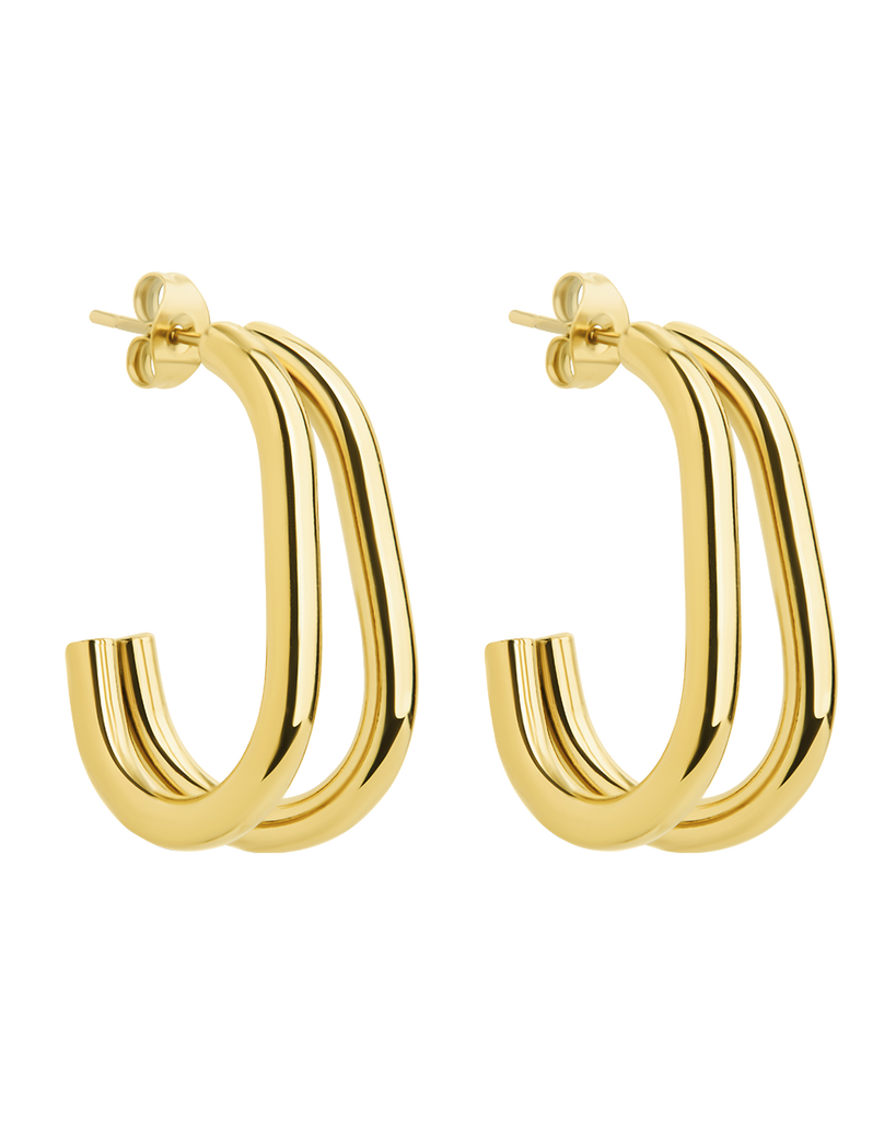 Double Prong Vienna Hoop gold and rhodium plated stainless steel earrings with fluid curves and bold sculptural design