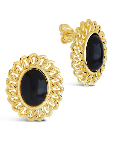 Ainsley Onyx Statement stud earrings with black enamel centers in gold and silver tones