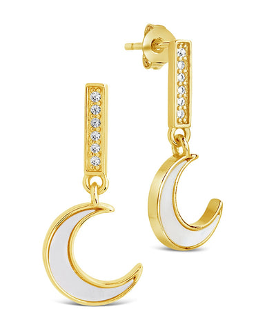 Valeria CZ & Moonstone crescent moon drop stud earrings with Mother of Pearl accents in gold or rhodium plated brass