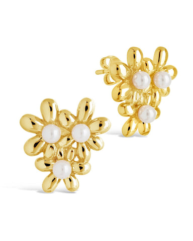 Vallie Pearl Flower stud earrings with 14K gold or rhodium plated brass and shell pearls
