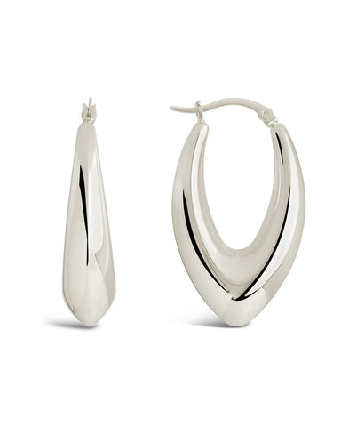 1.5" V drop hoop earrings in gold and silver tones, 14K gold or rhodium plated, versatile chic design