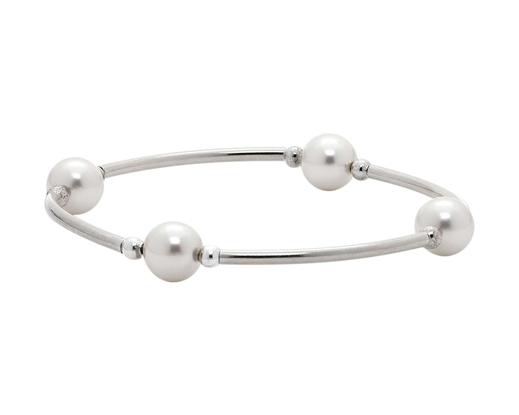 Small white pearl bracelet with sterling silver tubes, featuring Swarovski pearls, perfect for smaller wrists.