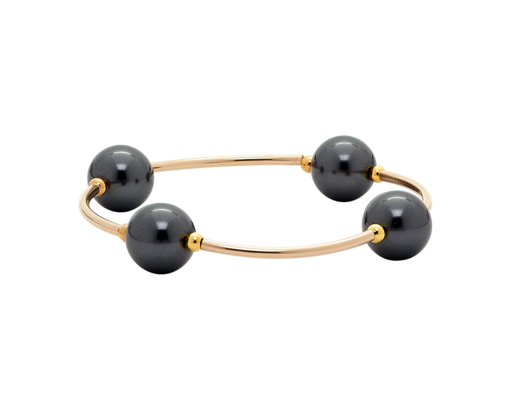 Blessings Gold & Black 12 MM Pearl Bracelet with Swarovski pearls and gold curved tubes.