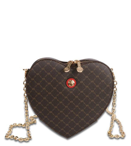 Rioni Heart Crossbody heart-shaped dark brown canvas bag with gold chain strap and red trim detailing